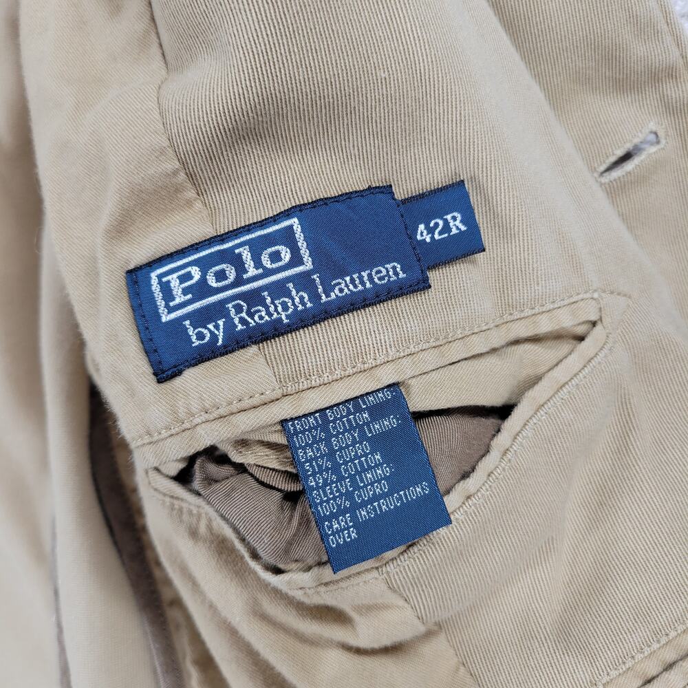 Vintage Polo Ralph Lauren 3 Button Blazer Jacket Mens 42R Khaki Tan Cotton Twill - Picture 2 of 16